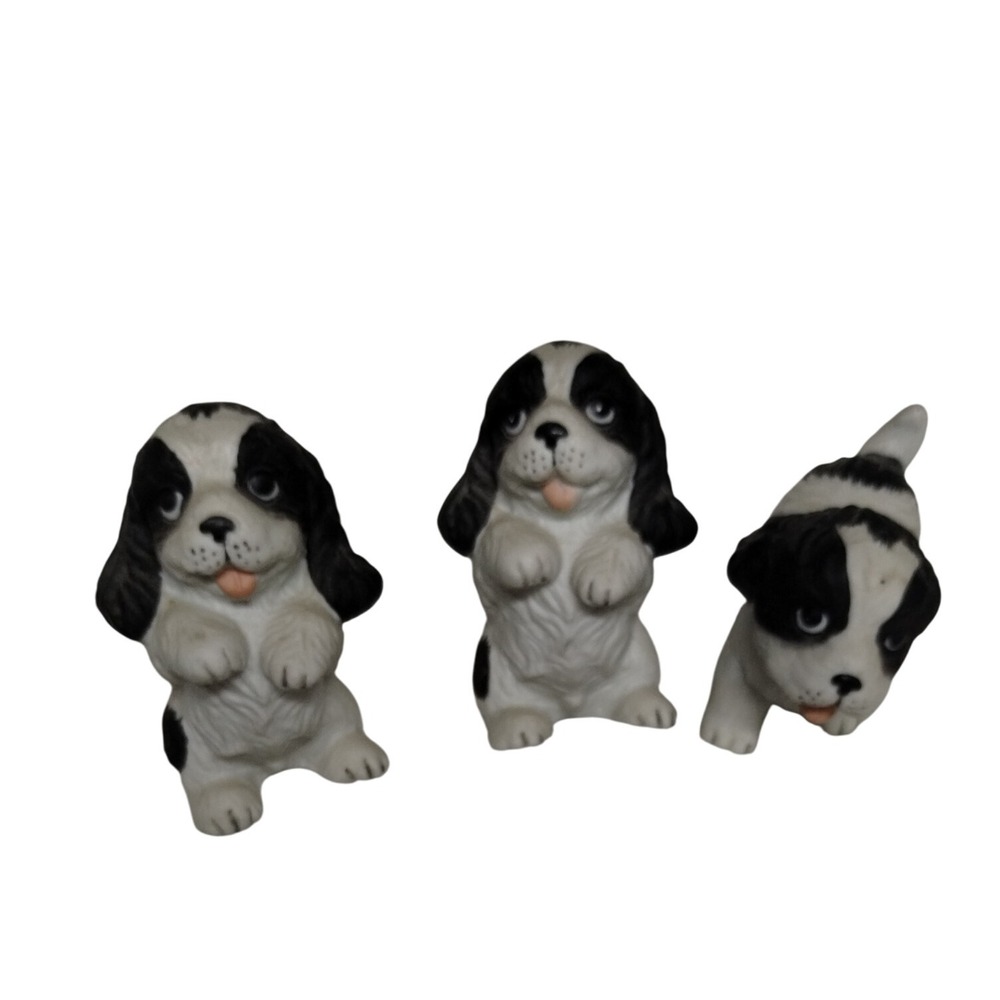 Spaniel Puppy Dog Figurines Set of 3 Black White Cute Decor Collectible